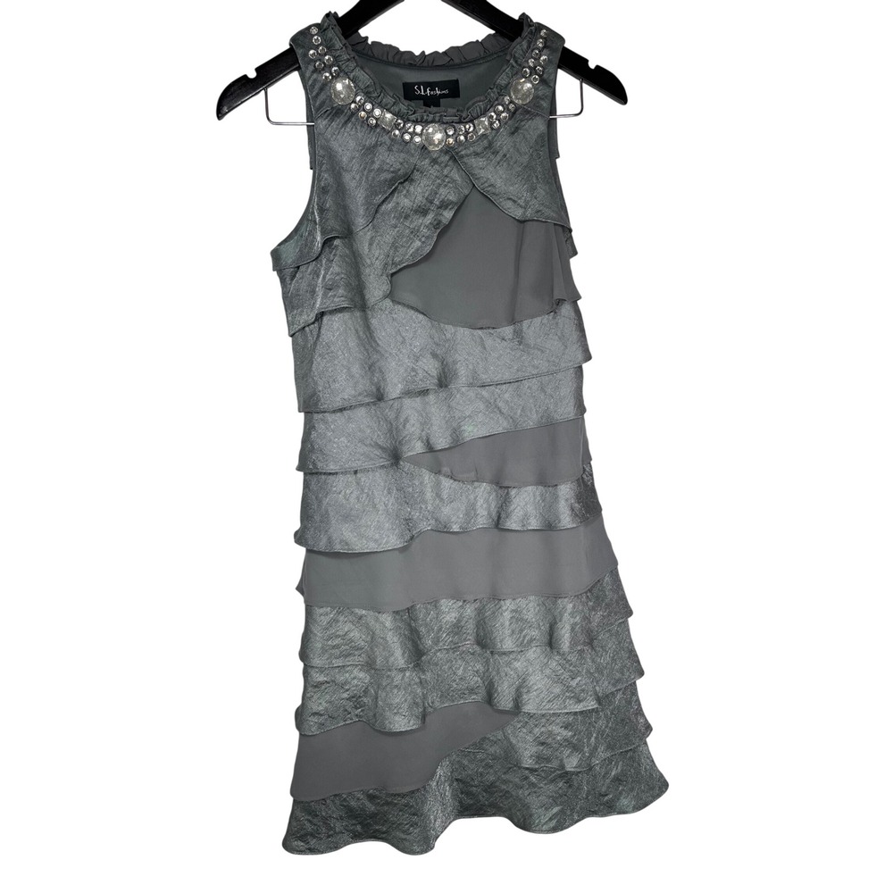 S.L. Fashions Tiered Ruffle Dress Womens 14 Grey Metallic Jeweled Cocktail Party